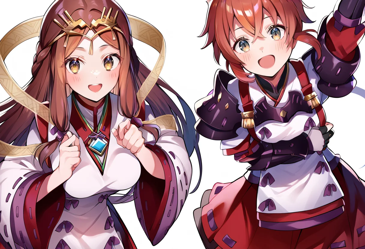(score_9:0.9),score_8_up,score_7_up,anime style,rating_safe,(zPDXL),2girls,white background,medium breasts,looking at viewer,smile,blush,open mouth,parted lips,
BREAK long sleeves,haze_xb2,miko costume,red hakama skirt,
BREAK shoulder armor,fingerless gloves,lora_xb2,white japanese costume,red skirt,<lora:XB2 Lora and Haze ponyXL v1:0.83>,