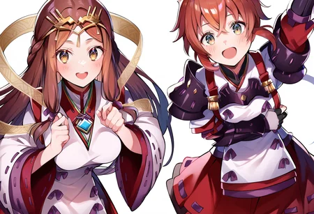 (score_9:0.9),score_8_up,score_7_up,anime style,rating_safe,(zPDXL),2girls,white background,medium breasts,looking at viewer,smile,blush,open mouth,parted lips,
BREAK long sleeves,haze_xb2,miko costume,red hakama skirt,
BREAK shoulder armor,fingerless gloves,lora_xb2,white japanese costume,red skirt,<lora:XB2 Lora and Haze ponyXL v1:0.83>,