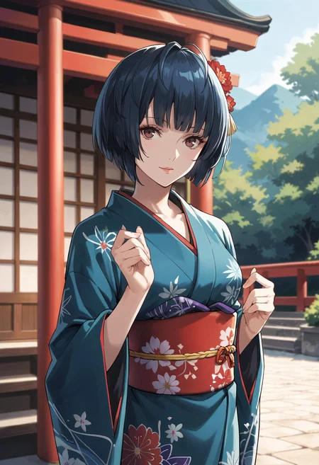 score_9, score_8_up, score_7_up, (source_anime), 1 girl, solo, cute face,
p5tae, tae takemi, short hair,
japanese clothes, solo focus, hair ornament, wide sleeves, kimono, obi, floral print, dark green kimono, print kimono,
outdoors, japanese temple, shrine, (smile:0.65), looking at viewer,
masterpiece, best quality, ultra detailed, absurdres, very aesthetic
