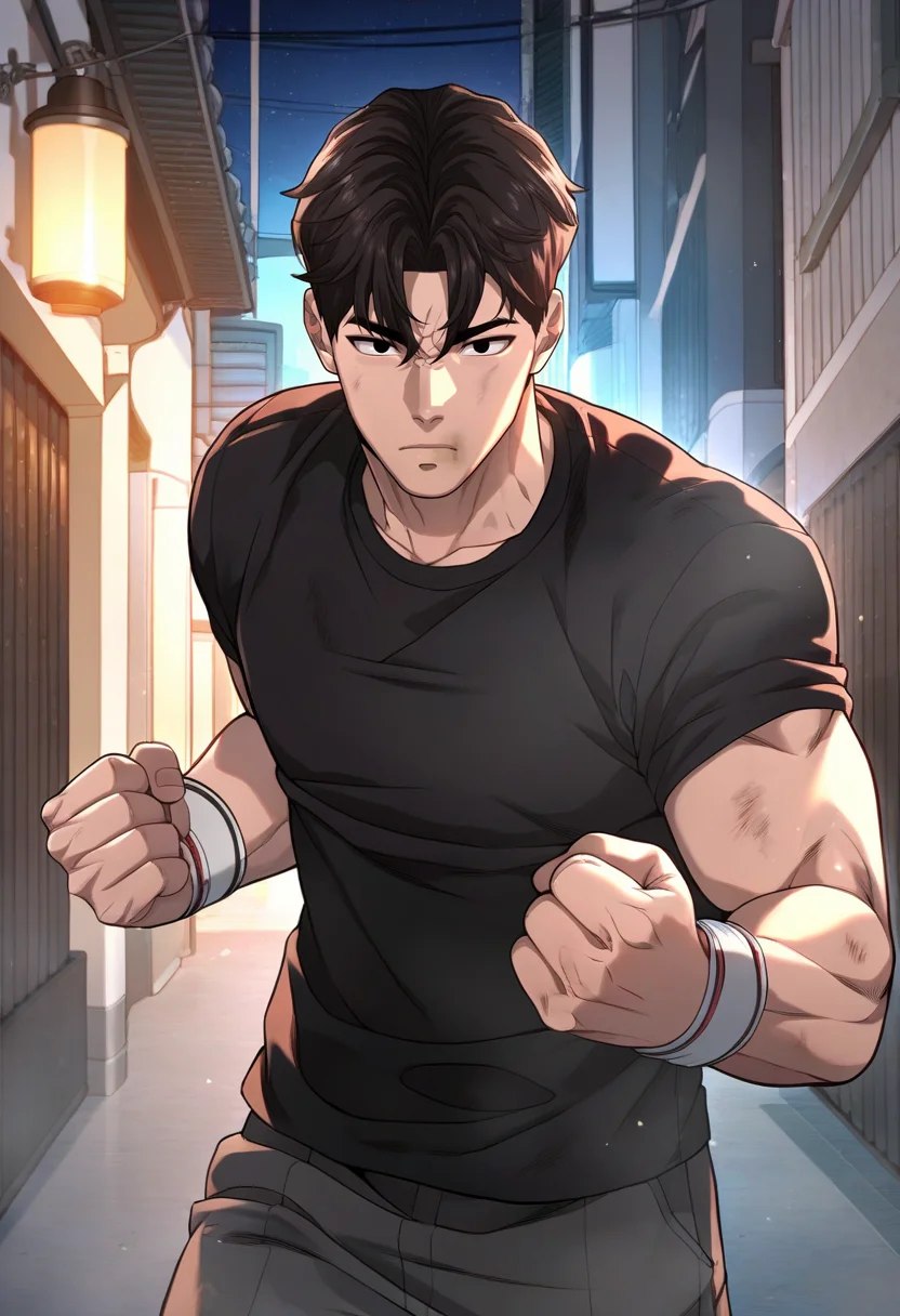 1boy, male focus, solo,
<lora:Character - Questism - Gu_HajunPony-10 (2):1> guhajun, short hair, black hair, black eyes, muscular, muscular male
((zPDXL)), score_9_up, score_8_up, score_7_up, score_6_up, score_5_up, score_4_up, best quality, amazing quality, best aesthetic, absurdres, year2023, uncensored, nsfw, official art, official style, depth of field, detailed eye,
outdoors, night, t-shirt, alley, 
fighting stance, clenched hands, dirty face, boxing,