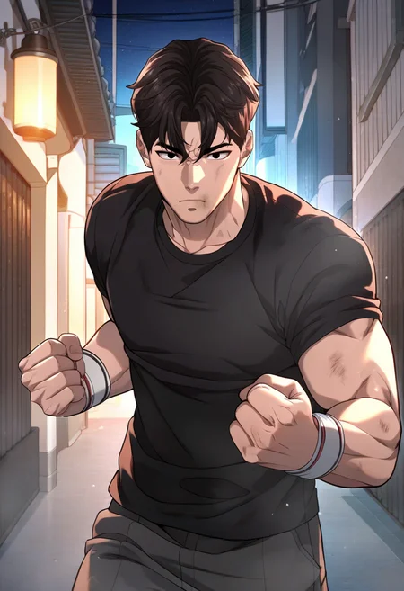 1boy, male focus, solo,
<lora:Character - Questism - Gu_HajunPony-10 (2):1> guhajun, short hair, black hair, black eyes, muscular, muscular male
((zPDXL)), score_9_up, score_8_up, score_7_up, score_6_up, score_5_up, score_4_up, best quality, amazing quality, best aesthetic, absurdres, year2023, uncensored, nsfw, official art, official style, depth of field, detailed eye,
outdoors, night, t-shirt, alley,
fighting stance, clenched hands, dirty face, boxing,