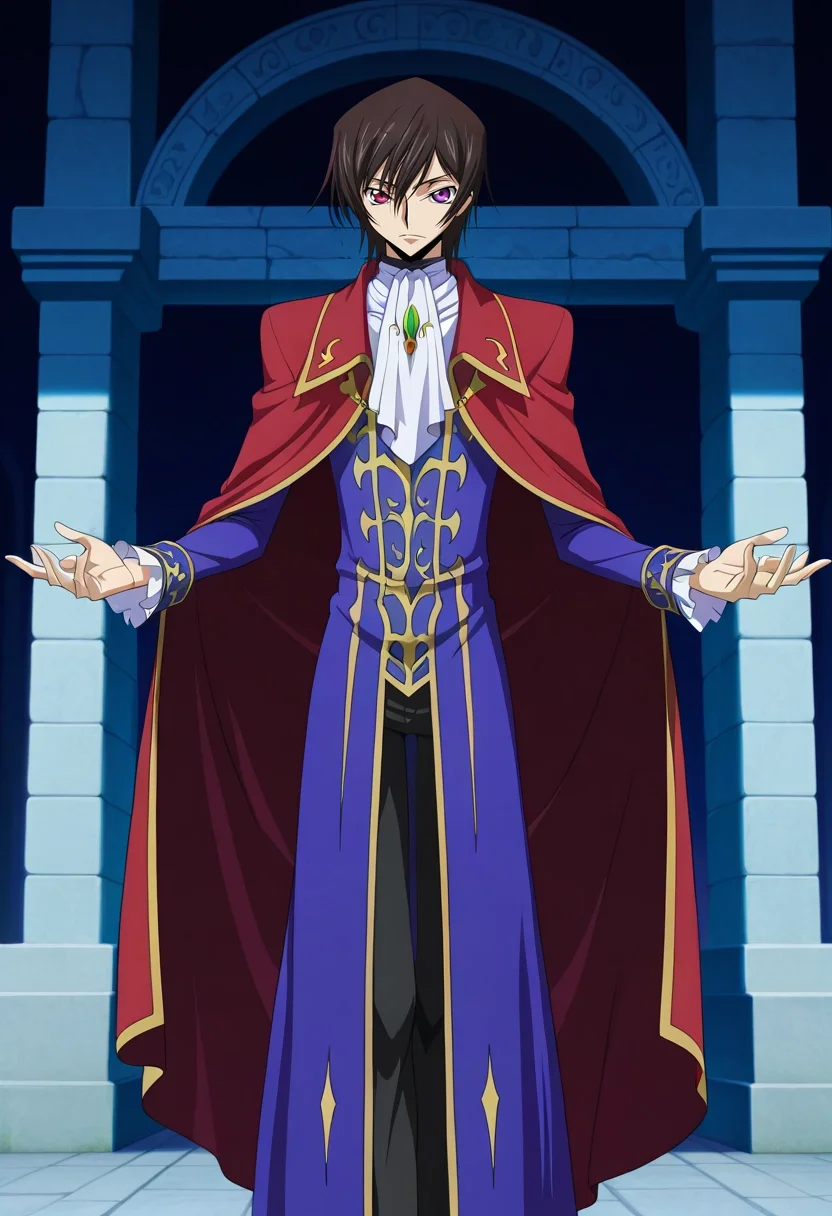 masterpiece, best quality, , anime screencap, anime coloring, official style, looking at viewer, 1boy, solo, male focus, <lora:lelouch_lamperouge_ilxl:0.9>, lelouch_lamperouge, black hair, purple eyes, hair between eyes, bangs, short hair, heterochromia, red eyes, , Stonehenge, England, mystical stones, open fields, standing pose, reflective expression, dawn light, renaissance costume