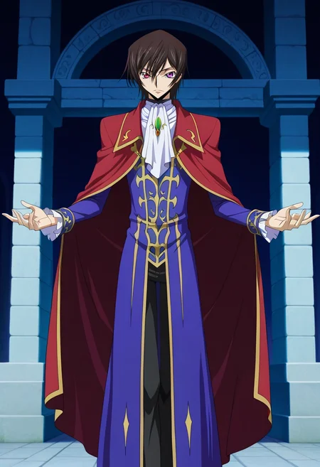 masterpiece, best quality, , anime screencap, anime coloring, official style, looking at viewer, 1boy, solo, male focus, <lora:lelouch_lamperouge_ilxl:0.9>, lelouch_lamperouge, black hair, purple eyes, hair between eyes, bangs, short hair, heterochromia, red eyes, , Stonehenge, England, mystical stones, open fields, standing pose, reflective expression, dawn light, renaissance costume