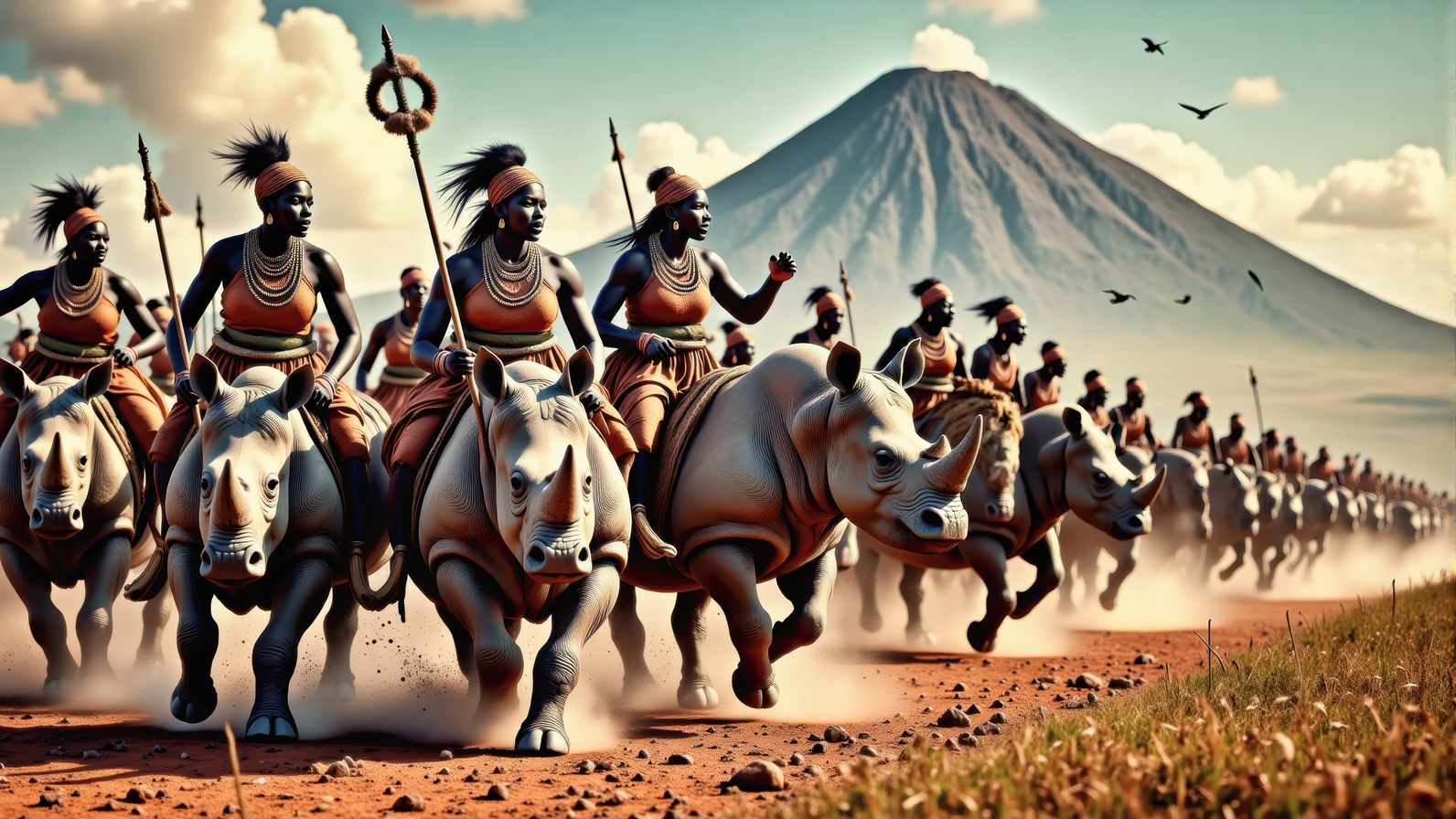 Real photograph of an army of African warrior women,  black skin, Nubian, beautiful, breathtaking,  athletic, (small breasts:1.4),  earrings, necklace, wrist bands,  dangerous, fierce, determined, battle hardened,  mounted atop angry and ferocious rhinoceros,  cavalry charging into battle with lowered spears, shields and spears bearing war decorations,  fierce angry painted faces full of rage, yelling fierce war cries,  African Savannah with mount Kilimanjaro in the background,  intricate details, masterpiece, elegant, complex patterns,  (full body shot from head to toe:1.6),  dramatic and dynamic morning lighting, intense atmosphere,  <BaroqueColorful:0.72>