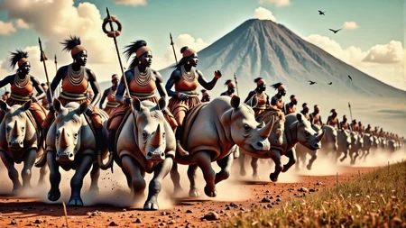 Real photograph of an army of African warrior women, black skin, Nubian, beautiful, breathtaking, athletic, (small breasts:1.4), earrings, necklace, wrist bands, dangerous, fierce, determined, battle hardened, mounted atop angry and ferocious rhinoceros, cavalry charging into battle with lowered spears, shields and spears bearing war decorations, fierce angry painted faces full of rage, yelling fierce war cries, African Savannah with mount Kilimanjaro in the background, intricate details, masterpiece, elegant, complex patterns, (full body shot from head to toe:1.6), dramatic and dynamic morning lighting, intense atmosphere, <BaroqueColorful:0.72>