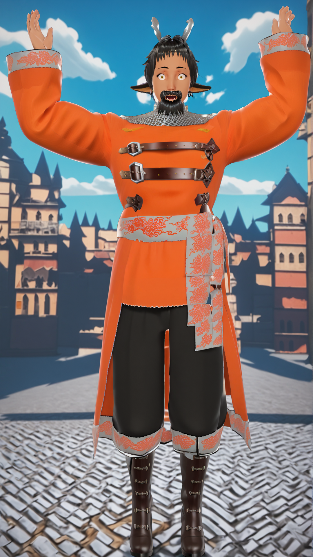 2d, fantasy-style, (zPDXL2), (((full body view))), (((dynamic pose))), (((dynamic angle))), sehele style, webtoon, anime, centered, sajevtu, tanned skin, 1man, (((shocked expression))), orange coat, black hair, beard, two small twisted silver goat horns, yellow goat eyes, goat ears, chainmail coif, XIV Century Russian Soldier, silver silk sash, intricate patterns, black pants, brown leather boots, ((outdoors, medieval fantasy town)), <lora:sd_xl_dpo_lora_v1:1>, <lora:OMG-Is-DucHaiten_v1.0:0.1>, <lora:Seunghee_Lee_Style_PDXL:0.4>, <lora:ManhwaSDXL:1.5>, <lora:sajevtu2_PonyXL:0.8>