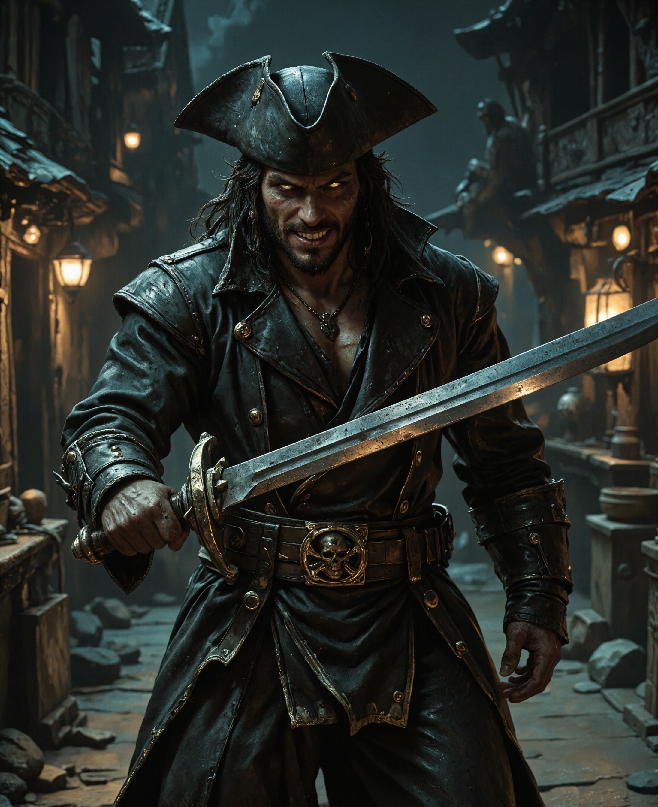 Create a chilling and hyper-realistic portrayal of a cursed pirate captain with rotting corpse skin aboard a weathered and sinister ghost ship. The captain’s decayed, zombified visage is the focal point of the scene, with his ghastly skeletal features, rotting flesh, and sunken, glowing green eyes radiating an aura of malevolent power. His flesh is torn and decayed, exposing sinew and bone, yet his expression conveys an eerie intelligence and ruthless cunning. His rotting teeth are bared in a wicked snarl, remnants of a once-commanding grin now twisted into a horrifying sneer.  The pirate wears a battered tricorn hat adorned with faded gold trim, sitting atop long, matted, and dreadlocked hair tangled with beads, bones, and seaweed. His outfit consists of a tattered and salt-stained coat, frayed cuffs, and a weathered white cravat, evoking the grandeur of a long-dead era. The coat is adorned with buttons tarnished by years of exposure to the sea, and small details like skeletal charms and ominous tokens hang from his lapels, hinting at his sinister past. rotten corpse skin  The setting is the deck of a decrepit pirate ship, shrouded in an eerie, ghostly fog that snakes through the rigging and pools around the rotting wood. The ship’s masts loom overhead, their sails in tatters, barely holding together under the weight of time. The ropes are frayed, and the ship creaks ominously, as if groaning under the weight of its undead crew. In the background, shadowy figures—his crew of spectral pirates—move faintly, their indistinct forms blending into the fog, adding to the otherworldly atmosphere.  The lighting of the scene is dim and dramatic, dominated by the sickly green glow of the captain’s eyes and faint moonlight piercing the fog. Shadows are deep and stark, emphasizing the textures of his decayed skin and the weathered wood of the ship. The horizon is obscured by the dense fog, but faint hints of a storm brewing in the distance add tension to the composition. The sea surrounding the ship is dark and churning, with ghostly reflections dancing on its surface, hinting at the cursed nature of the vessel.  Subtle details bring the scene to life: barnacles clinging to the wood of the ship, seaweed draped over railings, and the faint sound of creaking timbers and howling wind. The air is thick with an oppressive sense of doom, as if the ship itself carries the weight of countless sins and tragedies.  The pirate captain’s pose is dynamic and commanding, one hand gripping the railing of the ship with bony fingers, while the other holds a rusted cutlass that glimmers faintly in the dim light. His stance and intense gaze suggest he is addressing someone—perhaps an unlucky soul who dared to cross his path or a rival about to meet their doom. The overall mood of the scene is dark, foreboding, and steeped in maritime horror, blending the supernatural with the gritty realism of life (and undeath) at sea. he has rotting corpse skin