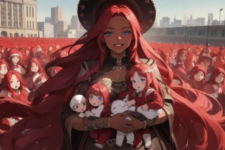 (masterpiece, best quality:1.5), (ultra realistic:1.5), (8k uhd, very high quality:1.5), (extremely detailed face:1.5), (everyone has ruby red hair:1.5), (dark skin mother holding an endless number of infants and surrounded by an endless number of her extremely young children:1.5), (everyone smiling and happy:1.5), (everyone has bright blue eyes:1.5), (everyone has long ruby red hair:1.5), (the woman is surrounded by endless numbers of her extremely young children that fill the entire background:1.5), (the woman is surrounded by an endless number of her very young children that fill the entire background:1.5), (city background:1.5)