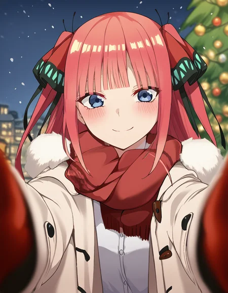 score_9, score_8_up, score_7_up, source_anime, <lora:nnakano-s2-ponyxl-lora-nochekaiser:1>, long hair, bangs, blue eyes, hair ornament, hair ribbon, pink hair, blunt bangs, two side up, butterfly hair ornament, large breasts,, <lora:pov-cheek-warming-ponyxl-lora-nochekaiser:1>, pov cheek warming, pov cheek warming (meme), winter gloves, duffel coat, fur-trimmed scarf, winter clothes, red mittens, meme, winter coat, red scarf, fur-trimmed coat, reaching towards viewer, reaching, mittens, fur-trimmed hood, white coat, open coat, scarf, coat, red gloves, snowing, pov, fur trim, depth of field, smile, blush,, christmas, christmas tree, christmas lights,,