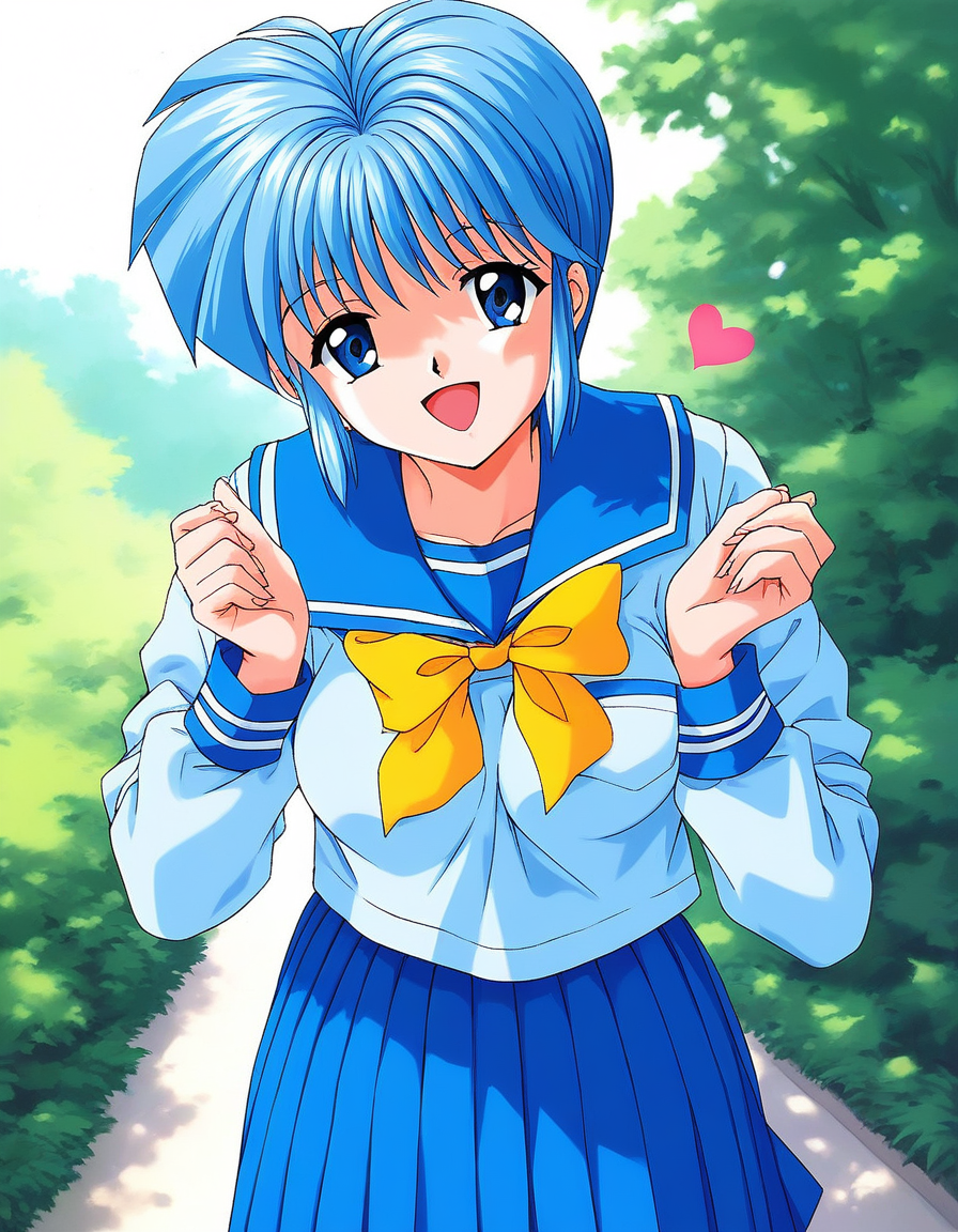 score_9, score_8_up, score_7_up, source_anime, rating_explicit, BREAK  <lora:Nijino_Saki_XL:1> NijinoSaki, blue hair, blue eyes, short hair, bangs, medium breasts, 1990s \(style\),
1girl, solo, school uniform,  heart,  serafuku, open mouth, looking at viewer, long sleeves, skirt, bow, blue skirt, sailor collar, yellow bow, smile, blue sailor collar, pleated skirt, shirt, blue shirt,
outdoor, day, sky,