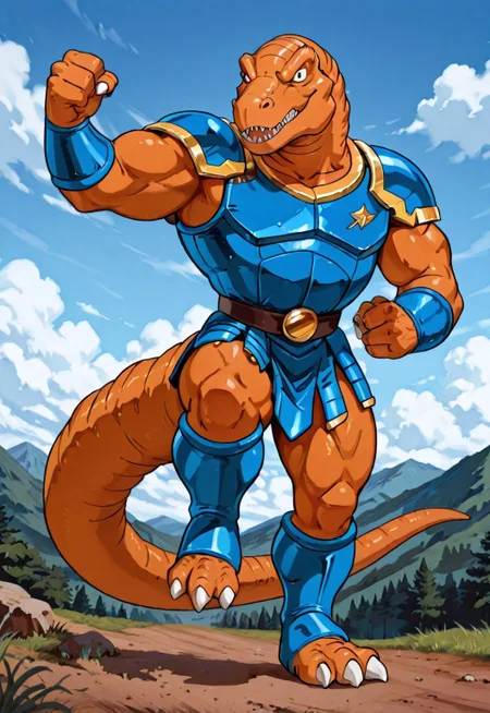 score_9, score_8 up, score_7, 8K, In'ei, traditional animation cel, perfect depth of field shot, beautiful, sharp focus, crisp details, 90s animation, masterclass animation, photographic realism, source_anime, orange tyrannosaurus rex-anthro wearing blue roman armor, roman centurion armor, gladiator armor, blue chest armor, blue stomach armor
orange tyrannosaus-rex anthro, dinosaucers, extreme dinosaurs, muscular, dinosaur, trex, blue lorica musculata, blue Pteruges, blue roman armor skirt, blue greaves, blue bracers, gold trim on armor, perfect proportions, long tail, orange skin, orange scales, 
exterior, detailed anime sky with clouds, dynamic action, bent leg, nature, in the style of the cartoon Dinosaucers, 80s cartoon, punch, black linework with flat anime color, heroic pose, smiling, three toes per foot