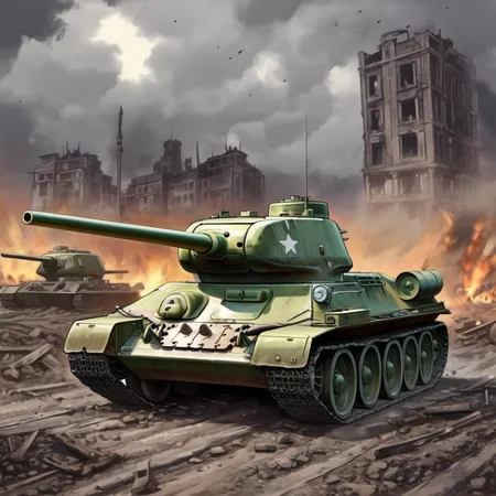 t_34 tank in field, cartoon, dark colors, fallen city on background <lora:t_34:0.7>