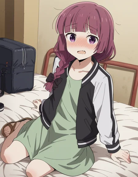 score_9, score_8_up, score_7_up, source_anime,
kikurihiroi, <lora:kikuri-hiroi-s1-ponyxl-lora-nochekaiser:1>,
kikuri hiroi, black bow, blunt bangs, braid, purple eyes, fang, hair bow, hair over shoulder, long hair, purple hair, sidelocks, single braid,
black jacket, brown footwear, collarbone, dress, green dress, jacket, long sleeves, open clothes, open jacket, raglan sleeves, sandals, white sleeves,
indoors, bed, bed room, on side, blush, drunk,
cowboy shot, solo, dutch angle, looking at viewer,
