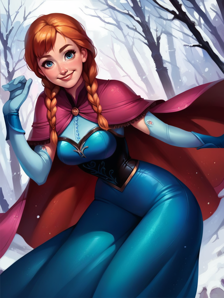 score_9, score_8_up, score_7_up, score_6_up, AnnaXLP, blue dress, long skirt, elbow gloves, boots, cape, capelet, corset, twin braids, medium breasts, narrow waist, wide hips, thick thighs, looking at viewer, dynamic pose, smile, cute, wide shot, solo, leaning forward, cowboy shot, forest, winter, trees, realistic,
 <lora:AnnaXLP_character:0.8>