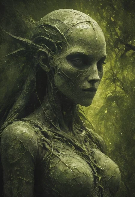 style of Guido Argentini, Capture a stunning Closeup of an Solid enforced midsummer witch upon a hill,  from a mushroom in an eerie nightly Mountain beautiful Nature moss and birch tomb, feudal shinobi armored white Spirit wearing hooded Linen cape designed By Studio ghibli, with long flowing cape and high collar, only the eyes glow in the dark, masked with a Bright translucent amber Mask inspired By HR Giger and Franco Fontana,  very detailed and vibrant outworn but colorful, She is wearing armor made entirely Made of marbles, both liquid and hard. The marbles are meticulously laid over her arms and limbs, securely fastened with ancient leather straps. , wielding colorful two-toned giant sword, 
very detailed, Shot in UHD