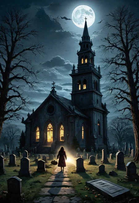 masterpiece, best quality,
digital artwork of creepy old church, 3 kids in Halloween costumes holding flash lights,
japanesehorrorclassics,
full moon, night, cosmic rays, haunted place, abandoned old church, graveyard, giant bell tower, wide shot, old trees, forest background, tombstones, scary, paranoia, feeling like someone is watching you, ruined, dirty, cemetery, fear, dread,
(low angle:1.3), focus on old tower,
cinematic, horror, creepy atmosphere, intricate, detailed, rays of light,
