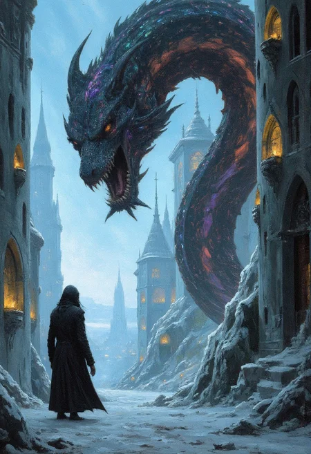 A dark fantasy winter wonderland, a towering serpentine leviathan of snow and shadow coils through a blizzard labyrinth, its jagged scales refracting ghostly auroras, its glowing eyes piercing the storm, ice-encrusted runes along its massive body radiate arcane power, the maze walls twist and reform as though alive, the horizon is a white void with faint silhouettes of towering ice spires, inspired by the haunting grandeur of Zdzisław Beksiński with surreal organic geometry and eerie melancholy, muted blues and whites punctuated by glowing golden accents from ancient forgotten glyphs.
, Vibrant, grotesque, and surreal with bold contrasts, heavy black outlines, and a blend of dreamlike autumnal hues; a mix of neon, retro, and pagan elements, inspired by Sean Aaberg’s punk-infused, chaotic energy and dreamcore's eerie, nostalgic undertones
