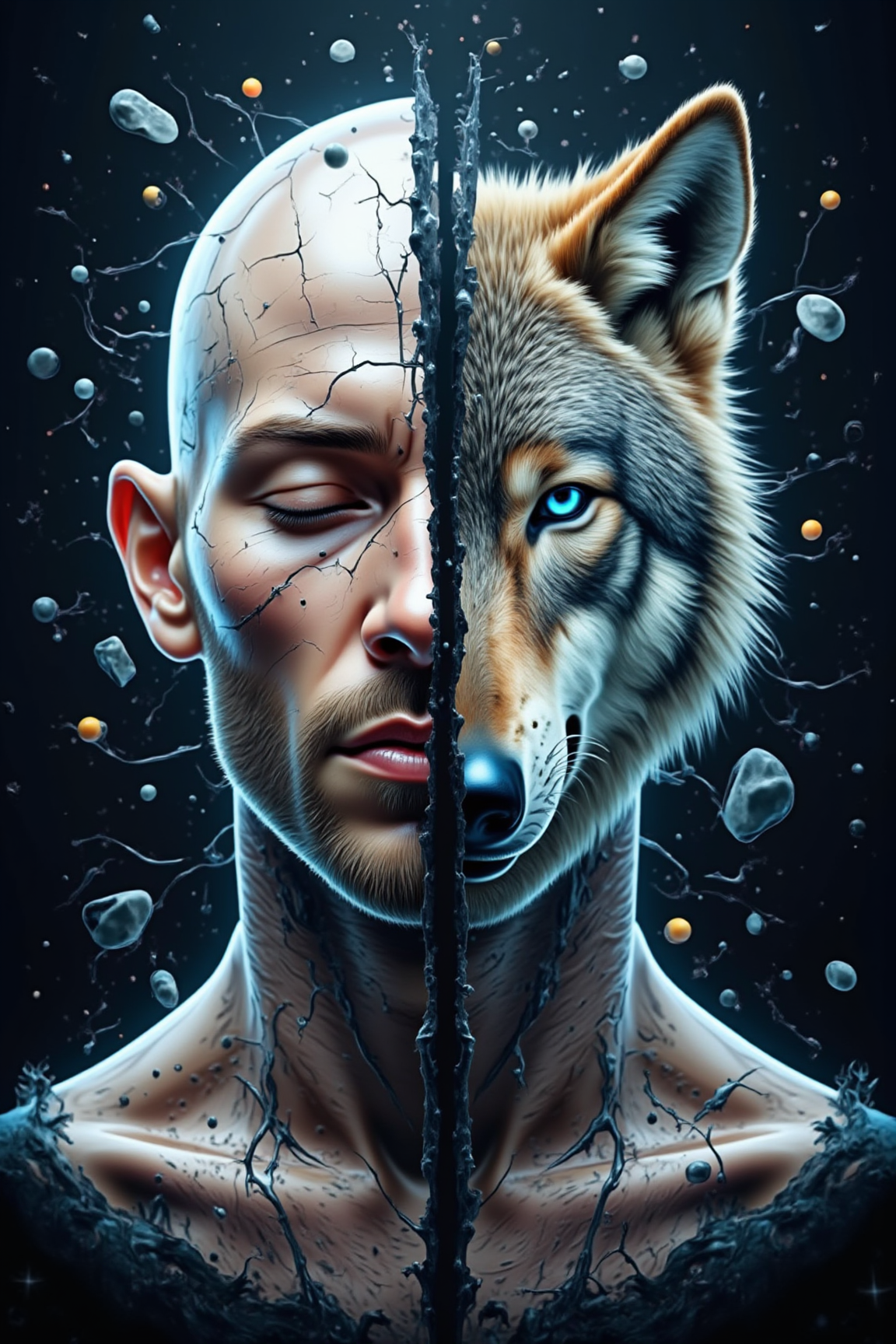 Acrylic, Translucent style, A surreal digital artwork portraying a split-face composition of a rugged man and a wolf, blending photo-realism with an atomic art style. The left side features a weathered man with a cracked, textured complexion, a beard, and closed eyes, exuding a calm, introspective aura. His skin appears fractured, and from within the cracks, a majestic wolf emerges. The wolf's fur is highly detailed, with piercing blue eyes that contrast against the man's aged appearance. The transition between the man and the wolf is seamless, as if the animal is breaking free from within him. The background consists of a cosmic, deep-space gradient, adorned with abstract dark paint splatters and floating debris, reinforcing the surreal, dreamlike quality of the piece.