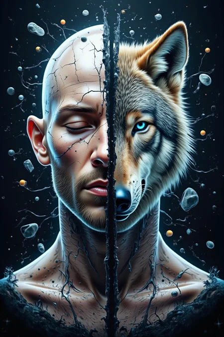 Acrylic, Translucent style, A surreal digital artwork portraying a split-face composition of a rugged man and a wolf, blending photo-realism with an atomic art style. The left side features a weathered man with a cracked, textured complexion, a beard, and closed eyes, exuding a calm, introspective aura. His skin appears fractured, and from within the cracks, a majestic wolf emerges. The wolf's fur is highly detailed, with piercing blue eyes that contrast against the man's aged appearance. The transition between the man and the wolf is seamless, as if the animal is breaking free from within him. The background consists of a cosmic, deep-space gradient, adorned with abstract dark paint splatters and floating debris, reinforcing the surreal, dreamlike quality of the piece.