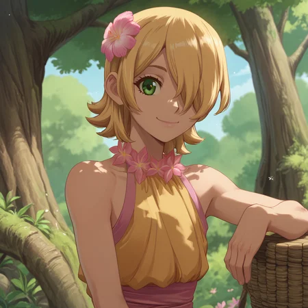<lora:SlimesFemGinro:1>, score_9, score_8_up, score_7_up, slimes_femginro, solo, smiling, hair over one eye, green eyes, blonde hair, flower in hair, treehouse background
