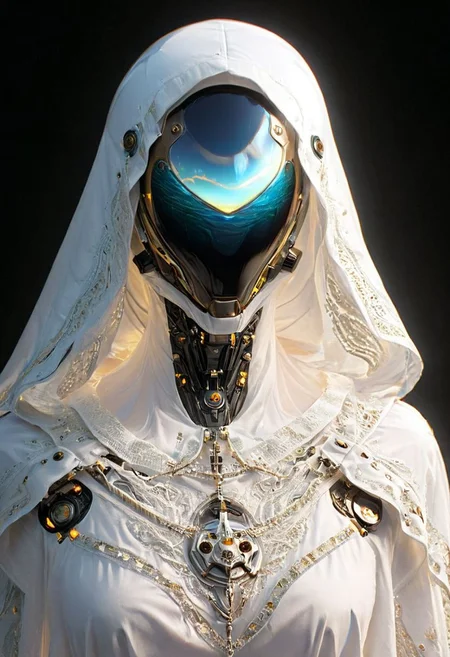resembling intricately-detailed daft punk, an excentric laughing feudal wired-cyborg hkfuture Rococo shinobi, vibrant translucent DARK-AMBER colorful, 80s synthwave style, translucent red velvet high collar blouse, the face shrouded in darkness, a Large hooded Linen Cape with Highlights and Ornaments, volumetric lighting, 4esthet1c background, ultra detailed, deep Blacks, very detailed, atmospheric haze, Film grain, cinematic film still, shallow depth of field, highly detailed, high budget, cinemascope, moody, epic