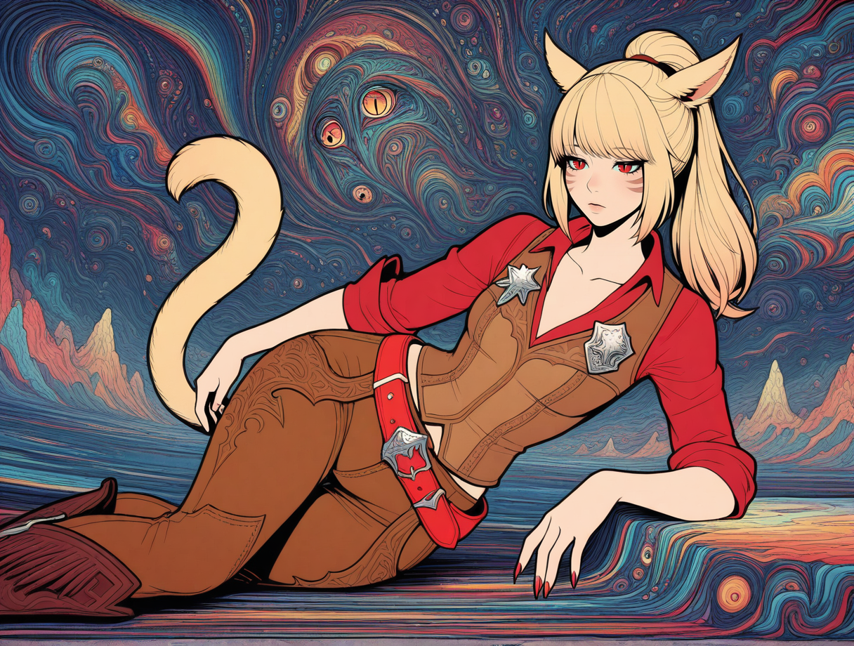 high quality, best quality, masterpiece, highres, very aesthetic, absurdres, <lora:NSFWFilter_illusXL_Incrs_v1:-.5>, solo focus, arm rest, dutch angle, 
Miqo'te \(Final Fantasy XIV\), cat ears, long hair, blonde hair, high ponytail, red eyes, slit pupils, half-closed eyes, whisker markings, sharp nails, cat tail, wide hips, small breasts, sheriff, cowboy hat, red shirt, collared shirt, collarbone, rolled up sleeves, brown vest, sheriff badge, red belt, brown chaps, cowboy boots
, <lora:Trippy_Reality_Illustrious:1>, trippy artwork, illustration, abstract, fine line art, flat colors