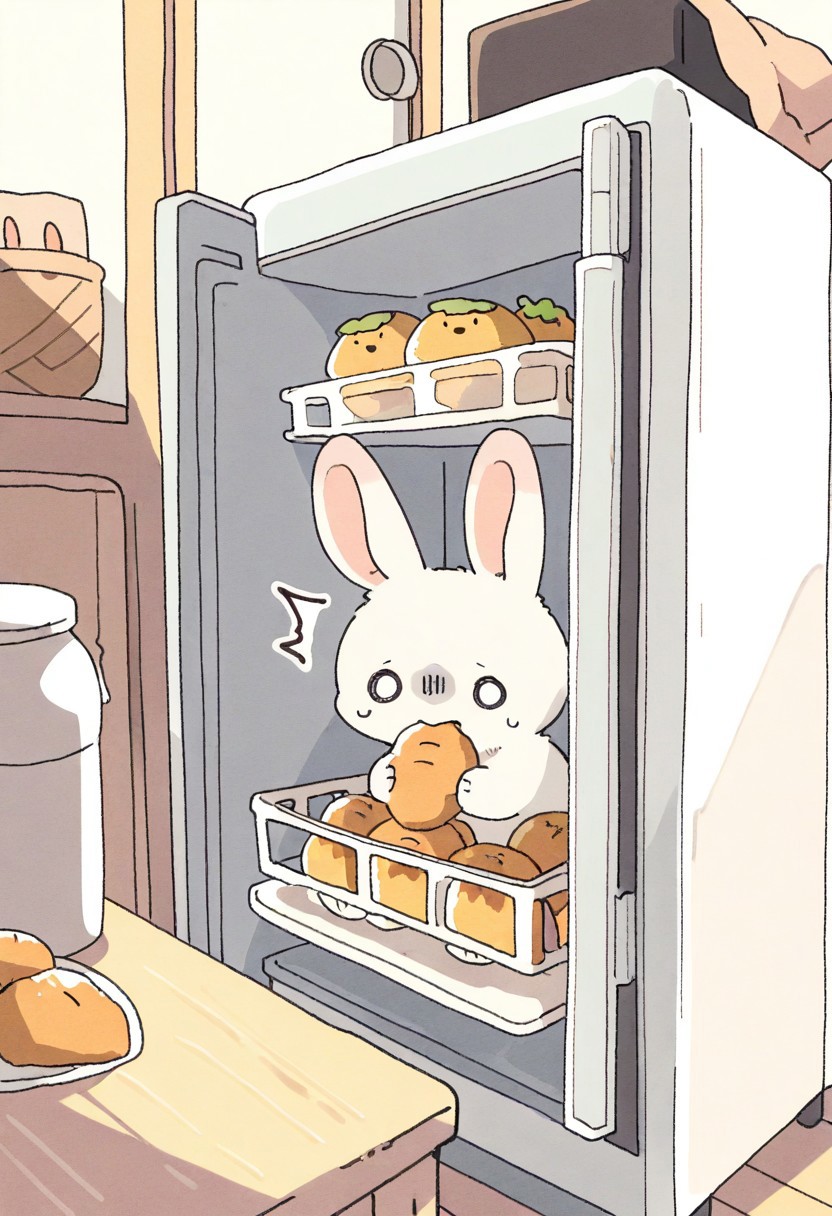 "(masterpiece, best quality, high quality, highres), very awa, highres, absurdres,
(naguru \(cyoroama\), (chii-kun \(seedyoulater\):0.7), 
(bunny:1.1),
(no humans:1.1), (cute:1.2), comfy, solo, cozy,
eating, sunny day, cozy kitchen, indoors, furniture, fridge, food, hiding, scared, surprised, "