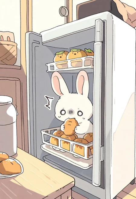 "(masterpiece, best quality, high quality, highres), very awa, highres, absurdres,
(naguru \(cyoroama\), (chii-kun \(seedyoulater\):0.7),
(bunny:1.1),
(no humans:1.1), (cute:1.2), comfy, solo, cozy,
eating, sunny day, cozy kitchen, indoors, furniture, fridge, food, hiding, scared, surprised, "