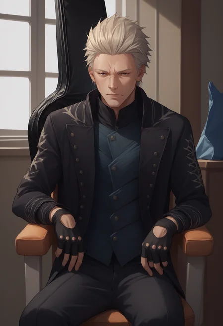 score_9, score_8_up, score_7_up, source_anime, 1boy, cowboy shot, instrument on back, instrument case, guitar case, <lora:InstrumentOnBack_XLPD:1>, <lora:dmc5_vergil_ponyXL:1> dmc5vergil, black coat, fingerless gloves, pants, sitting, chair, plastic chair,