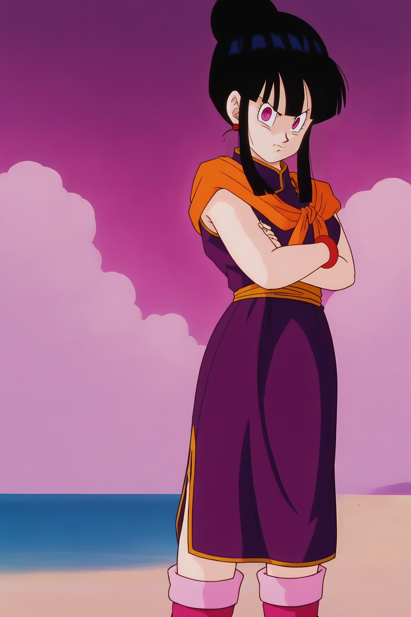 source_anime, score_9, score_8_up, score_7_up, anime screencap,8k, absurd res,
chi-chi, possessed, 1girl, solo, looking at viewer, bangs, black hair, dress, jewelry, closed mouth, standing, purple eyes, sidelocks, boots, outdoors, sky, sleeveless, day, cloud, blunt bangs, hair bun, anime coloring, bracelet, blue sky, v-shaped eyebrows, sash, feet out of frame, ocean, frown, beach, crossed arms, single hair bun, cloudy sky, wristband, red footwear, purple dress, side slit, serious, sand, horizon, orange neckerchief, 1990s \(style\), orange sash, pink legwear, retro artstyle 
 <lora:chichi_pony_v2:0.8>