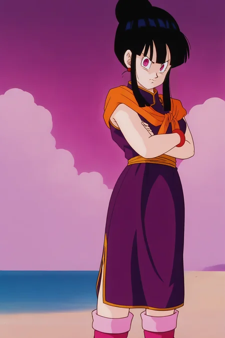 source_anime, score_9, score_8_up, score_7_up, anime screencap,8k, absurd res,
chi-chi, possessed, 1girl, solo, looking at viewer, bangs, black hair, dress, jewelry, closed mouth, standing, purple eyes, sidelocks, boots, outdoors, sky, sleeveless, day, cloud, blunt bangs, hair bun, anime coloring, bracelet, blue sky, v-shaped eyebrows, sash, feet out of frame, ocean, frown, beach, crossed arms, single hair bun, cloudy sky, wristband, red footwear, purple dress, side slit, serious, sand, horizon, orange neckerchief, 1990s \(style\), orange sash, pink legwear, retro artstyle 
 <lora:chichi_pony_v2:0.8>