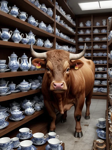 Hyperrealistic art just before the disaster, masterpiece, can-i-get a very big realistic bull, (very confused:1.1), inside a very (small and cramped:1.2) china porcelains shop, surrounded by shelves, (blurry shelves in the foreground:1.5), full of cups and china pieces, (no room to move:1.3),
<lora:add-detail-xl:0.6> misc, <lora:detailed_notrigger:1> . Extremely high-resolution details, photographic, realism pushed to extreme, fine texture, incredibly lifelike
