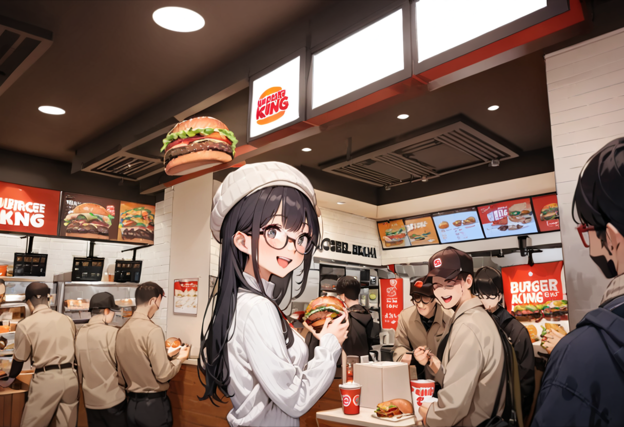 masterpiece, best quality, very aesthetic, absurdres, 
1girl, solo, glasses, black hair, long hair, white ribbed sweater, happy, smile, looking at viewer, open mouth, solo focus,
burgerking, scenery, storefront, indoors, multiple boys, food, 6+boys, ceiling, hat, ceiling light, poster (object), burger, shop
 <lora:burgerking_SDXL_V1:0.8>