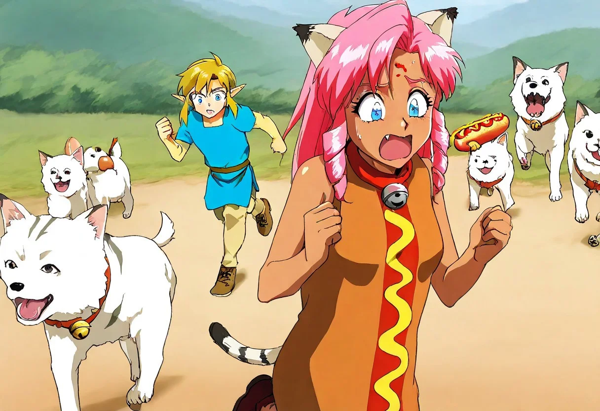 Maaterpiece, best quality, amazing quality, duo,Pink_DragonPink, 1girl, hotdog costume, cat ears, cat bell necklace, pink hair, tanned, white tiger tail, small breasts, leather shoes, masterpiece, very aesthetic, <lora:pink-illustrious:1>, yelling, wide eyes, single fang showing, sweat drop on forehead Break 1boy,Anime screencap,link (zelda),blonde hair,blue eyes,pointy ears,low ponytail,sidelocks wearing blue tunic, Break Forest in sunny day, clearing, girl_with_cats, dog, animal, <lora:girl_with_cats:0.6>,multiple dogs, dogs running, dogs jump, girl surrounded by many dogs, dogs barking, pink running from wild dogs a fast as she can, running, full speed, leaning forward, link looking confused in background, link eating hot dog, side view, zoom out, <lora:hotdog-costume-illustriousxl-lora-nochekaiser:1>, hotdog costume, food, hot dog, ketchup, oversized food, costume, hands up, pink wearing hotdog costume, whimsical, comical