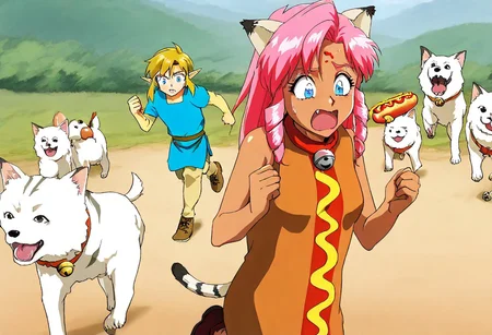 Maaterpiece, best quality, amazing quality, duo,Pink_DragonPink, 1girl, hotdog costume, cat ears, cat bell necklace, pink hair, tanned, white tiger tail, small breasts, leather shoes, masterpiece, very aesthetic, <lora:pink-illustrious:1>, yelling, wide eyes, single fang showing, sweat drop on forehead Break 1boy,Anime screencap,link (zelda),blonde hair,blue eyes,pointy ears,low ponytail,sidelocks wearing blue tunic, Break Forest in sunny day, clearing, girl_with_cats, dog, animal, <lora:girl_with_cats:0.6>,multiple dogs, dogs running, dogs jump, girl surrounded by many dogs, dogs barking, pink running from wild dogs a fast as she can, running, full speed, leaning forward, link looking confused in background, link eating hot dog, side view, zoom out, <lora:hotdog-costume-illustriousxl-lora-nochekaiser:1>, hotdog costume, food, hot dog, ketchup, oversized food, costume, hands up, pink wearing hotdog costume, whimsical, comical