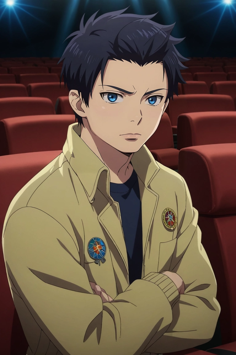 score_9, score_8_up, score_7_up, source_anime, rating_safe, intricate details, anime screencap, , official style, looking at viewer, , 1boy, solo, male focus, <lora:rin_okumura_pony:0.96>, rin_okumura, black hair, blue eyes, short hair, hair between eyes, , , , crystal theater, gem stage, light seats, performance halls, watching pose, entertained expression, stage lighting, male Golden age Wholesome, Middle Easterner, Amber eyes, Small Ears, Unique Chin, Chiseled Jaw, Symmetrical Forehead, , Honey Blonde Disconnected undercut hair, Frown, wearing Linen trousers, Georgette Field jacket, Suede sneakers, ,, Hands clasped in front, showing attentiveness, <lora:sdxl_lightning_8step_lora:1>