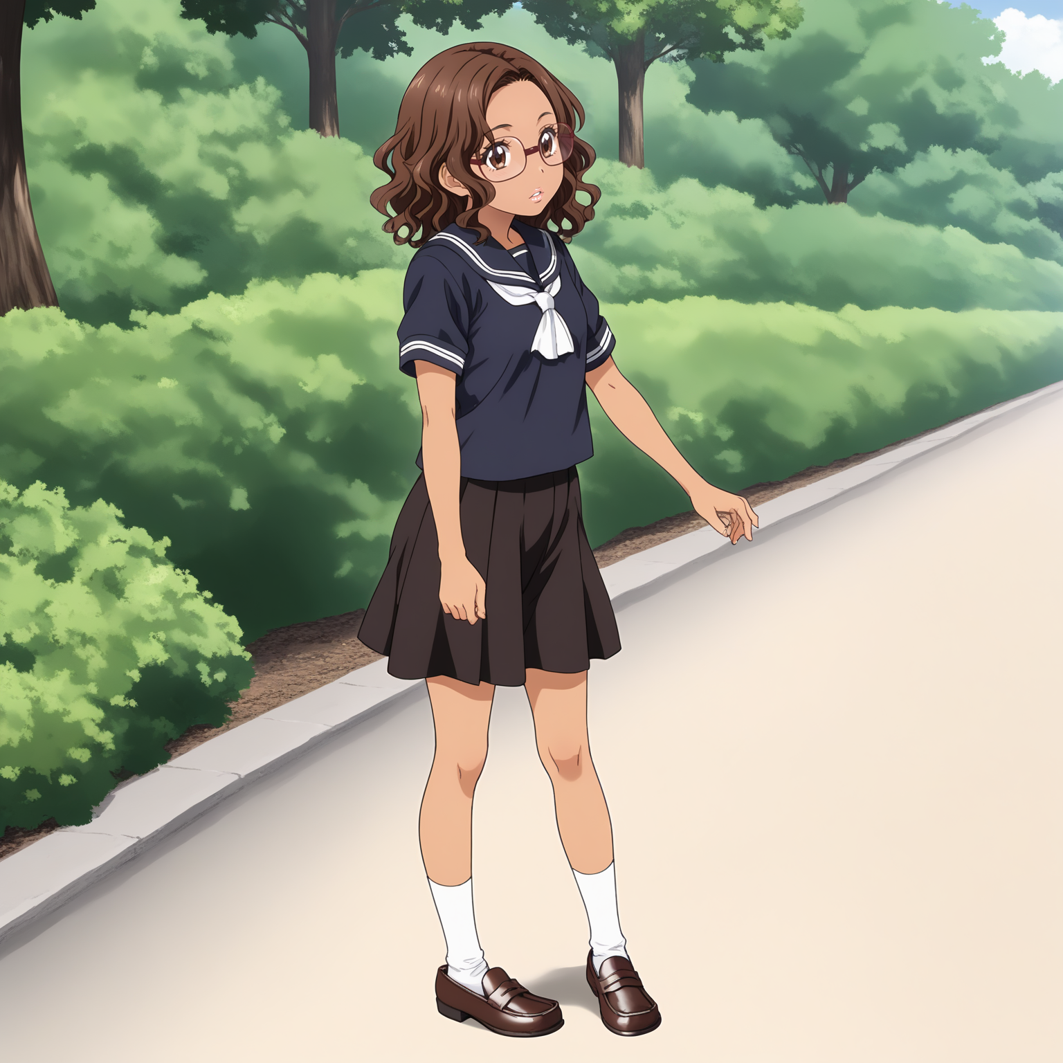 <lora:NBnSd_MariaSakaiXLpony001>,
parted lips,
solo,
MariaSakai,1girl,brown hair,wavy hair,medium hair,brown eyes,tan,
eyewear,
serafuku,black blue shirt,short_sleeves,
pleated_skirt,black skirt,
white socks,loafers,
outdoors,
full body,standing,