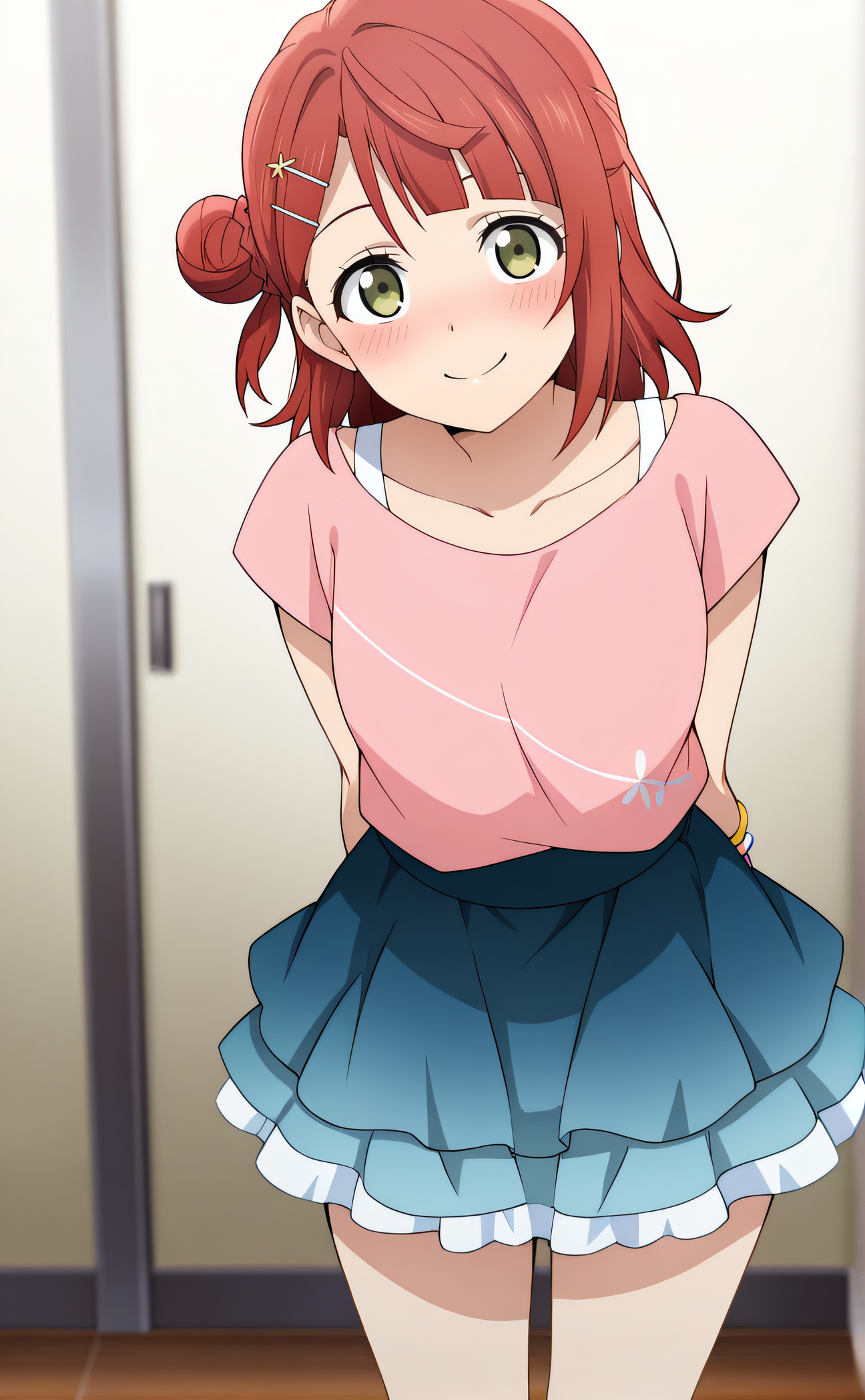 masterpiece, best quality, highres, newest, 1girl, solo, official style, anime screencap, <lora:Uehara_Ayumu:1>, ayumu, red hair, single side bun, blunt bangs, hairpin, green eyes, pink shirt, short sleeves, bracelet, white straps, collarbone, blue skirt, frilled skirt, looking at viewer, blush, smile, arms behind back, indoor