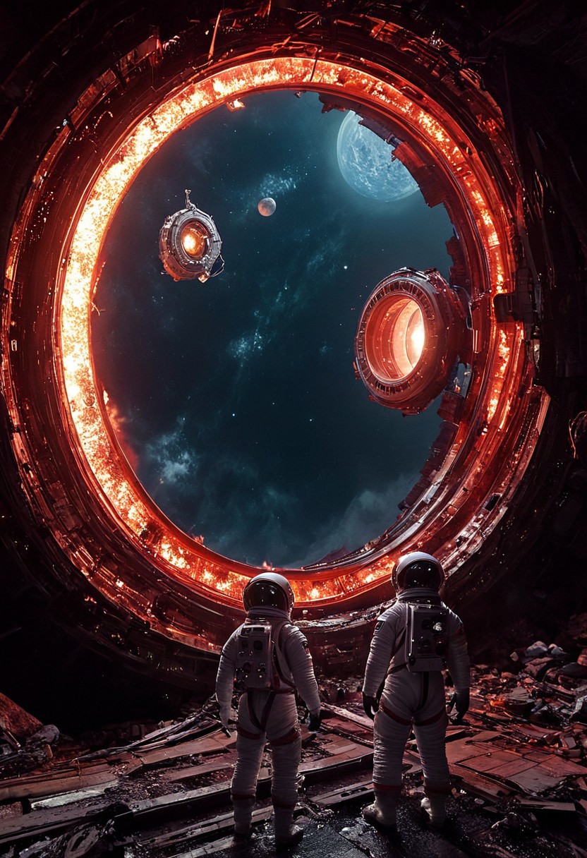 beautiful  landscape, 64k, UHD, ((masterpiece, ultimate quality)), sharp focus, beautiful scenery, highres, highly detailed, photo, realistic, photorealistic, Two astronauts in spacesuits float in dark space inside a massive, dilapidated structure that looks like a giant ring or mechanism. At the center of this structure is a brightly glowing source of red light, surrounded by metal structures and debris. The atmosphere is disturbing and gloomy, with a sense of abandonment and danger coming from a destroyed space object