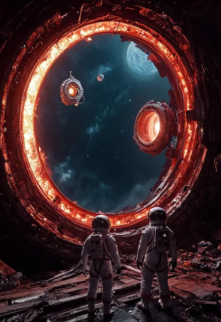 beautiful landscape, 64k, UHD, ((masterpiece, ultimate quality)), sharp focus, beautiful scenery, highres, highly detailed, photo, realistic, photorealistic, Two astronauts in spacesuits float in dark space inside a massive, dilapidated structure that looks like a giant ring or mechanism. At the center of this structure is a brightly glowing source of red light, surrounded by metal structures and debris. The atmosphere is disturbing and gloomy, with a sense of abandonment and danger coming from a destroyed space object