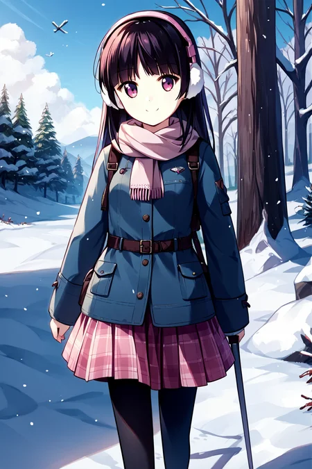 score_9, score_8_up, score_7_up, score_6_up, rating_safe, source_anime, best quality, masterpiece, detailed background, cowboy shot, outdoors, snow, crutch, walking with a crutch, brown winter coat, scarf, pink skirt, black leggings, white earmuffs, <lora:habane-kotori-xl-04:1>, habane kotori, magenta eyes, small breasts, smile,