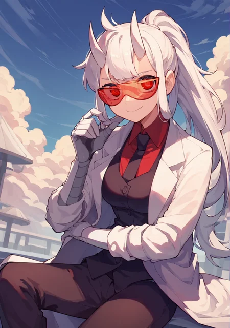 score_8_up, score_7_up, anime screenshot, looking at viewer, clouds
<lora:Loremaster (Autism SDXL)-000009:0.8> 1girl, loremaster (helltaker), horns, long hair, ponytail, white hair, red-tinted eyewear, lab coat, red shirt, formal, black pants, 
sitting, looking at viewer,
