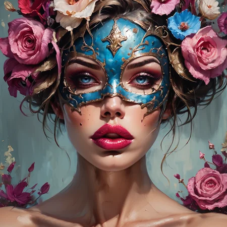 score_9, score_8_up, score_7_up, <lora:ImpressionismPonyV2:1> ArsMJStyle, ((Impressionism )), Mask , 1girl, solo, flower, portrait, blue eyes, mask, lips, makeup, mole, pink flower, looking at viewer, hair flower, hair ornament, red lips, lipstick, closed mouth, eyelashes, mole under eye, bug, rose, red flower, butterfly