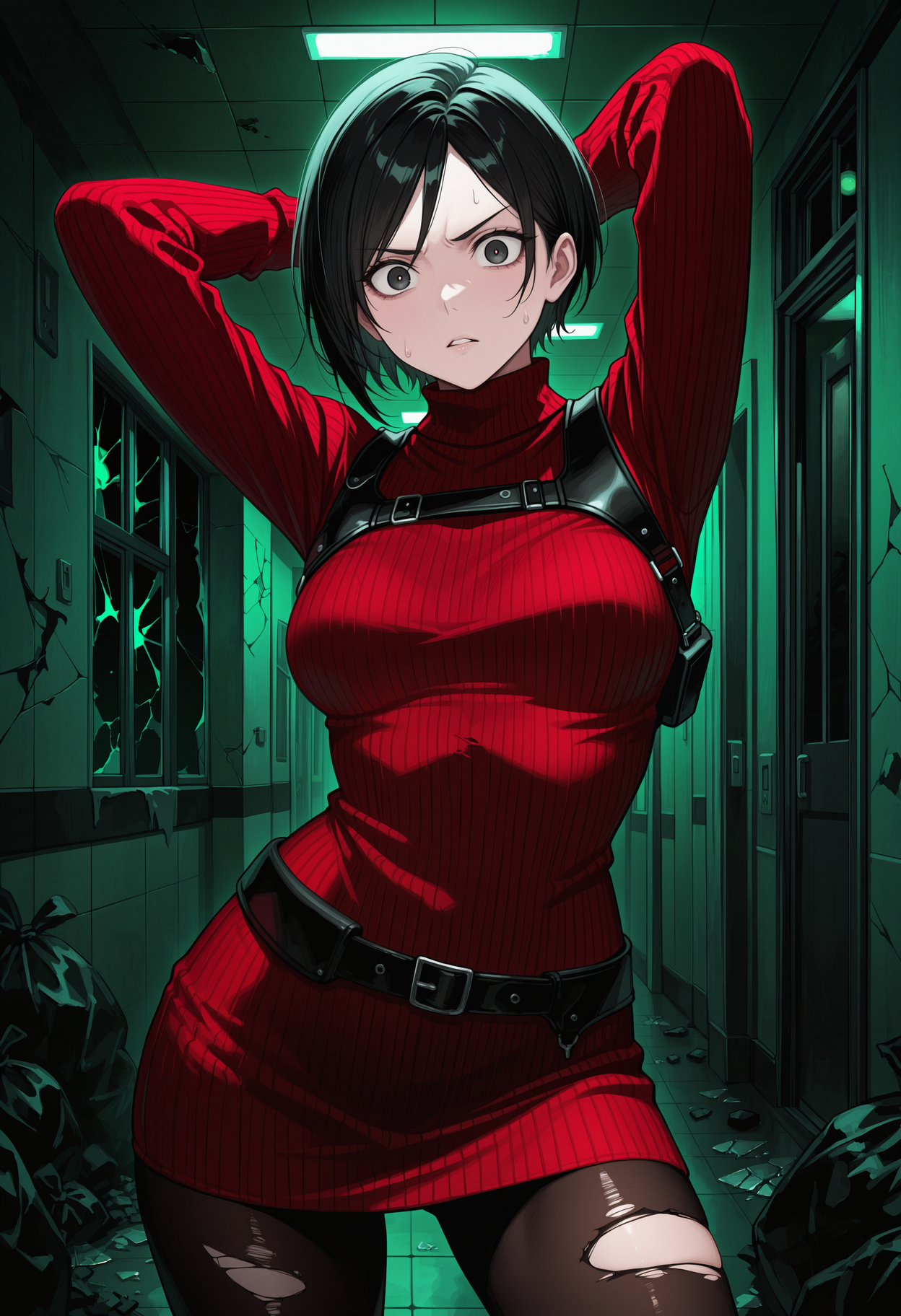 masterpiece, best quality, 1girl, solo, black hair, short hair, medium breasts, , horror \(theme\), indoors, hallway, dark, shadow, cracked wall, tiles, night, window, broken glass, green light, green theme, arms behind head, cowboy shot, black eyes, adasweater, red sweater, turtleneck, harness, black belt, pantyhose, ceiling light, (trash bag), pile of trash, trash, (torn clothes:1.3), torn pantyhose, looking at viewer, serious, sweatdrop, v-shaped eyebrows, parted lips, wide-eyed