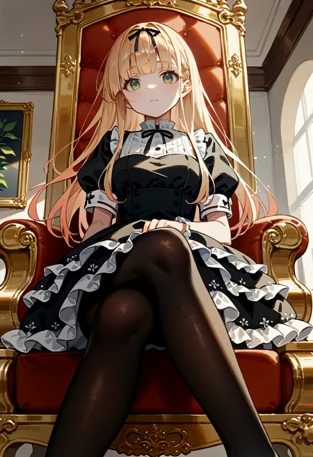 score_9, score_8_up, score_7_up,score_6_up,score_5_up,source_anime, watercolor \(artwork\), rating_safe,
BREAK
1girl, solo, blonde hair, long hair, bangs, blunt bangs,sidelocks, green eyes, black ribbon, straight hair,
alternate costume, inside, room, gorgeous room, throne, sitting, expressionless,crossed legs, low-angle view,(dress, black dress:1.2), black pantyhose, 
 <lora:yuudachi.pony:1> yuudachi, def,