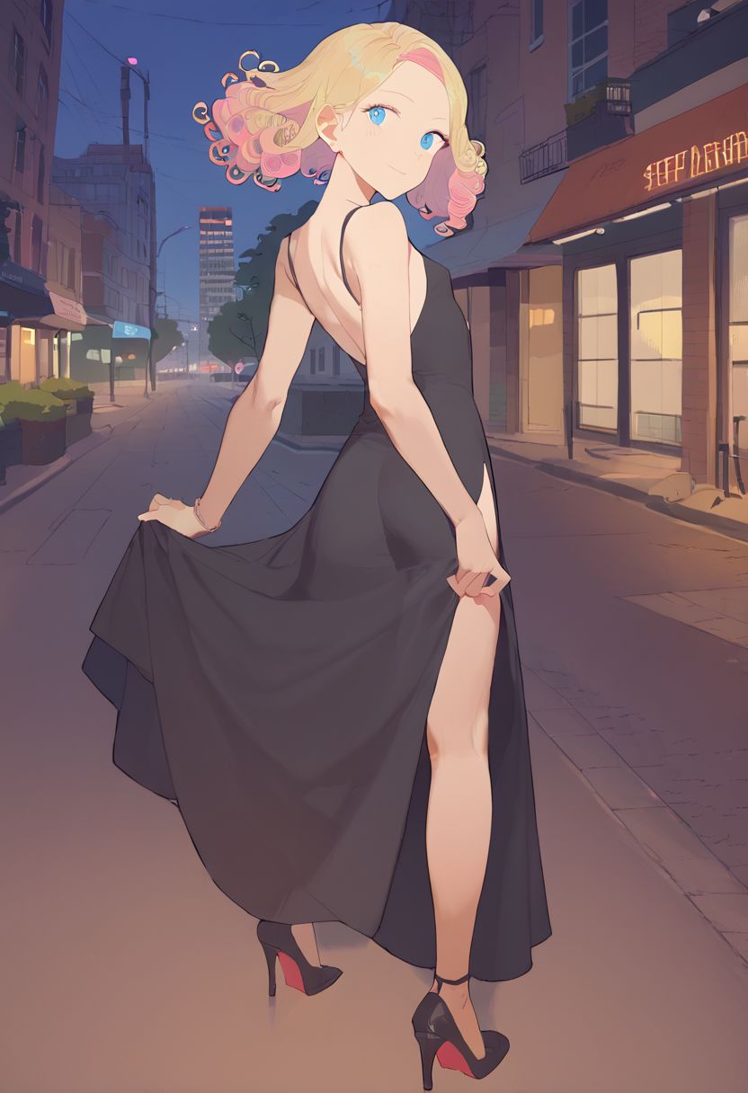 score_9, score_8_up, score_7_up, score_6_up, vivid, vivid colors, colorful, eye catching, rating_explicit, BREAK, cute girl, (adorable girlfriend) (sister), (flat chest), (long legs), (wide hips:0.5), curly hair, blue eyes, blonde to pink hair color gradient, high heels, stilettos, high slit dress, black evening gown, sheer tights, outdoors, Manhattan, Greenwich Village, nighttime, at night, date with your beautiful girlfriend, loving, sweet, (smile:0.5), from above, looking back