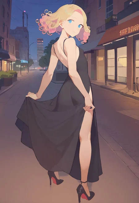 score_9, score_8_up, score_7_up, score_6_up, vivid, vivid colors, colorful, eye catching, rating_explicit, BREAK, cute girl, (adorable girlfriend) (sister), (flat chest), (long legs), (wide hips:0.5), curly hair, blue eyes, blonde to pink hair color gradient, high heels, stilettos, high slit dress, black evening gown, sheer tights, outdoors, Manhattan, Greenwich Village, nighttime, at night, date with your beautiful girlfriend, loving, sweet, (smile:0.5), from above, looking back