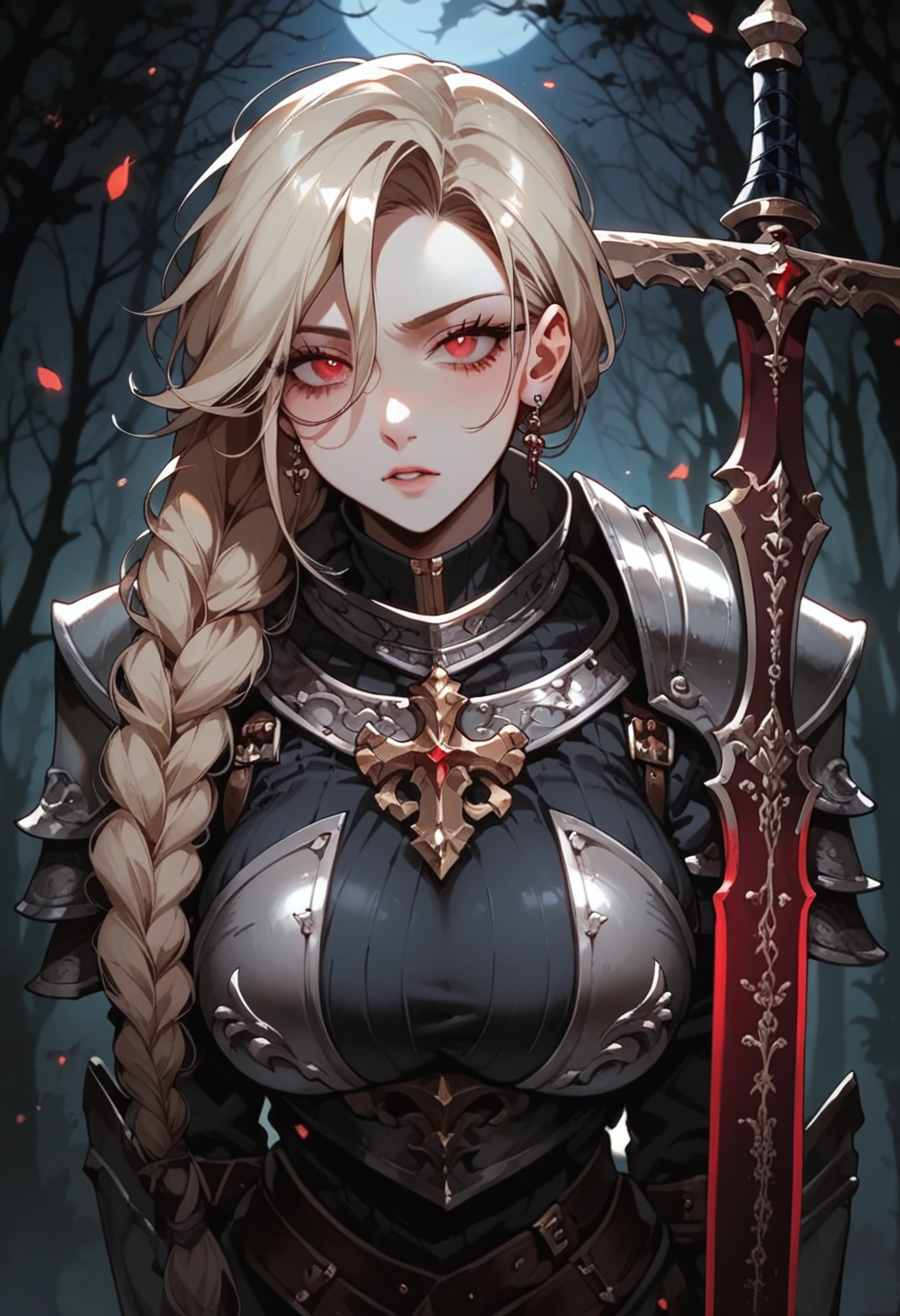 score_9, score_8_up, score_7_up, expressive, 1girl, warriror, knight, holy knight, long braided hair, blonde hair, red eyes, perfect eyes, black highlights in hair, beautiful, perfect body, armor, armor plating, engraved armor, greatsword, long sword, book hanging off of hip, curvy, exploring a dark forest, on high alert, night, at night, dark forest, dark, foggy, twig idols hanging from trees, symbols carved into trees, ominous, eerie, 