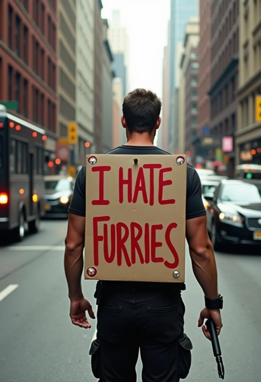 John McClane from Die Hard walking down the city street wearing a sandwich board on body that has "I HATE FURRIES" written in red marker