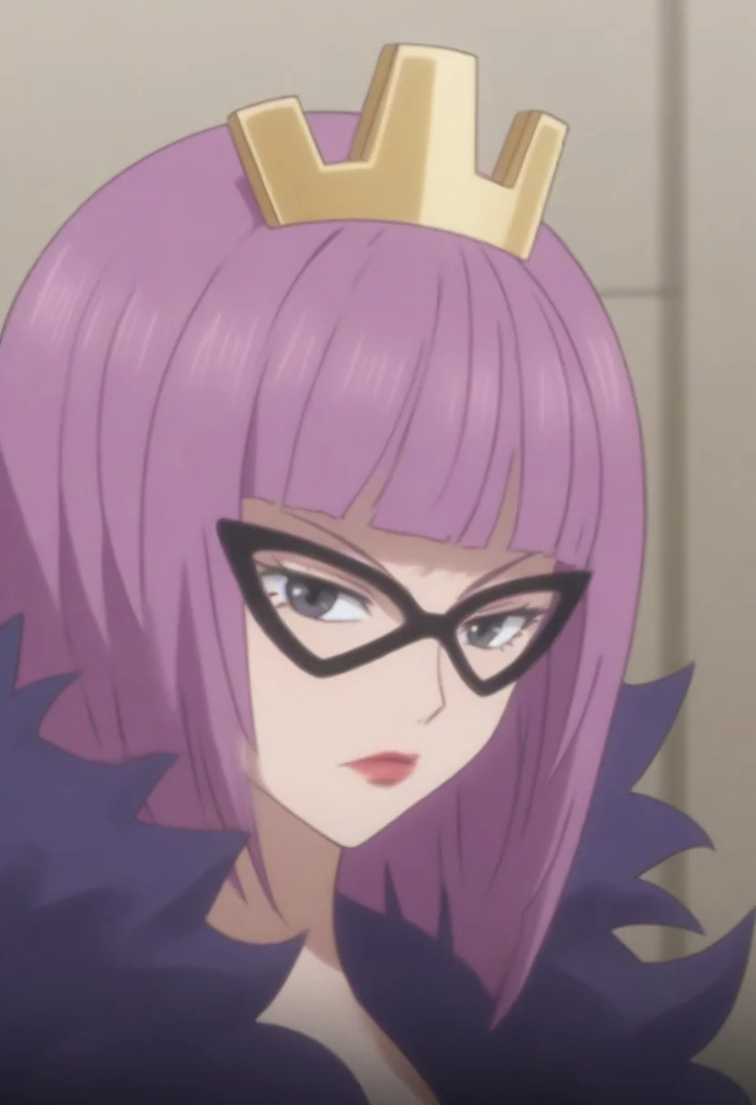 source_anime, anime screencap, source_anime, auratheguillotine, anime screencap, masterpiece, source_anime, shiny skin,,, KinderellaOP, 1girl, solo, tall woman, pink purple hair, bangs, bob cut, black eyes, lips, red lipstick, crown, long yellow dress, cleavage, dress with cutout, dark cape, wide hips, long light-colored gloves, eye-mask,